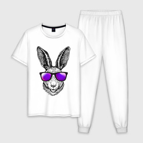 Мужская пижама хлопок с принтом Клевый заяц в Санкт-Петербурге, 100% хлопок | брюки и футболка прямого кроя, без карманов, на брюках мягкая резинка на поясе и по низу штанин
 | Тематика изображения на принте: заяц | заяц в очках | крутой | кул | солнечные очки