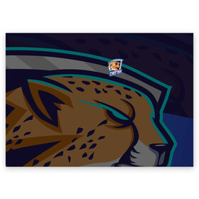 Поздравительная открытка с принтом Форма Cheetah в Санкт-Петербурге, 100% бумага | плотность бумаги 280 г/м2, матовая, на обратной стороне линовка и место для марки
 | design | logo | mascot | баскетбол | гепард | герои | животное | звери | зверь | киберспорт | кошка | охота | рысь | спортивная | стиль | талисман | фитнес | форма | футбол | хищник | яркие