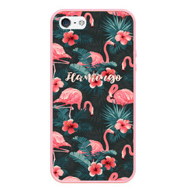 Чехол для iPhone 5/5S матовый с принтом Flamingo в Санкт-Петербурге, Силикон | Область печати: задняя сторона чехла, без боковых панелей | girl | woman | девушкам | девушки | листья | подарок | тропические цветы | фламинго | цветы