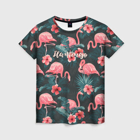 Женская футболка 3D с принтом Flamingo в Санкт-Петербурге, 100% полиэфир ( синтетическое хлопкоподобное полотно) | прямой крой, круглый вырез горловины, длина до линии бедер | Тематика изображения на принте: girl | woman | девушкам | девушки | листья | подарок | тропические цветы | фламинго | цветы