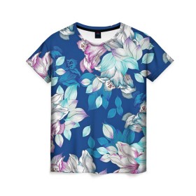Женская футболка 3D с принтом Нежные цветы в Санкт-Петербурге, 100% полиэфир ( синтетическое хлопкоподобное полотно) | прямой крой, круглый вырез горловины, длина до линии бедер | girl | woman | девушкам | девушки | листья | подарок | тропические цветы | цветы
