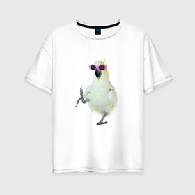 Женская футболка хлопок Oversize с принтом Попугай в очках в Санкт-Петербурге, 100% хлопок | свободный крой, круглый ворот, спущенный рукав, длина до линии бедер
 | крутой попугай | мем | попугай в очках | прикол | птица | смешная картинка