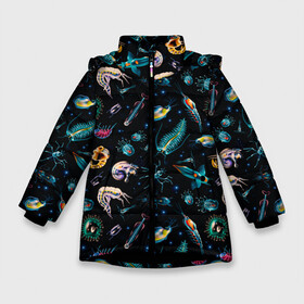 Зимняя куртка для девочек 3D с принтом Creatures of Deep ocean в Санкт-Петербурге, ткань верха — 100% полиэстер; подклад — 100% полиэстер, утеплитель — 100% полиэстер. | длина ниже бедра, удлиненная спинка, воротник стойка и отстегивающийся капюшон. Есть боковые карманы с листочкой на кнопках, утяжки по низу изделия и внутренний карман на молнии. 

Предусмотрены светоотражающий принт на спинке, радужный светоотражающий элемент на пуллере молнии и на резинке для утяжки. | creatures | dark | deep | fish | ocean | кальмар | монстр | океан | рыбы | хищник