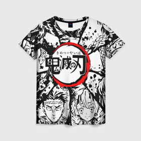 Женская футболка 3D с принтом KIMETSU NO YAIBA в Санкт-Петербурге, 100% полиэфир ( синтетическое хлопкоподобное полотно) | прямой крой, круглый вырез горловины, длина до линии бедер | demon slayer | kimetsu no yaiba | nezuko | shinobu | slayer | tanjiro | zenitsu | гию томиока | зенитцу | иноске хашибира | клинок рассекающий демонов | незуко | танджиро | шинобу кочо