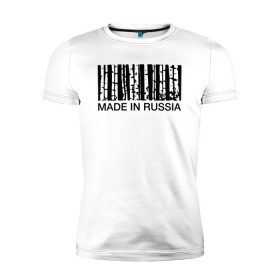 Мужская футболка премиум с принтом Made in Russia в Санкт-Петербурге, 92% хлопок, 8% лайкра | приталенный силуэт, круглый вырез ворота, длина до линии бедра, короткий рукав | barcode | country | forest | russia | береза | лес | родина | россия | страна | штрихкод