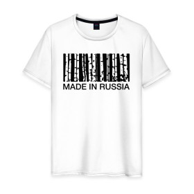 Мужская футболка хлопок с принтом Made in Russia в Санкт-Петербурге, 100% хлопок | прямой крой, круглый вырез горловины, длина до линии бедер, слегка спущенное плечо. | barcode | country | forest | russia | береза | лес | родина | россия | страна | штрихкод