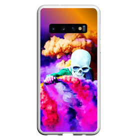 Чехол для Samsung Galaxy S10 с принтом Череп в дыму в Санкт-Петербурге, Силикон | Область печати: задняя сторона чехла, без боковых панелей | вода | дым | краски | огонь | скелеты | цветной | череп | шашки | яркий