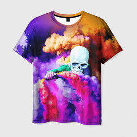 Мужская футболка 3D с принтом Череп в дыму в Санкт-Петербурге, 100% полиэфир | прямой крой, круглый вырез горловины, длина до линии бедер | вода | дым | краски | огонь | скелеты | цветной | череп | шашки | яркий