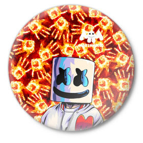 Значок с принтом MARSHMELLO в Санкт-Петербурге,  металл | круглая форма, металлическая застежка в виде булавки | fire | marshmello | music | дым | зефир | зефирка | лого | лого marshmello | лого маршмеллоу | логотип | логотип marshmello | логотип маршмеллоу | маршиеллоу | маска | музыка | музыкант | огненная рука