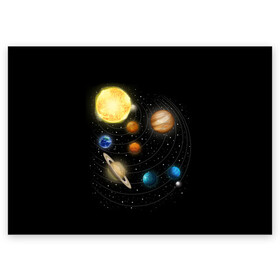 Поздравительная открытка с принтом Солнечная Система в Санкт-Петербурге, 100% бумага | плотность бумаги 280 г/м2, матовая, на обратной стороне линовка и место для марки
 | earth | mars | nasa | planet | planets | space | star | stars | sun | system | венера | звезды | земля | космос | марс | меркурий | планета | планеты | сатурн | система | солнце | уран | юпитер
