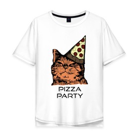 Мужская футболка хлопок Oversize с принтом PIZZA PARTY в Санкт-Петербурге, 100% хлопок | свободный крой, круглый ворот, “спинка” длиннее передней части | party | pizza | pizza party | time | арт | веселье | время | для детей | животные | картинка | кот | котик | котики | пицца | пиццы | рисунок | рыжий кот