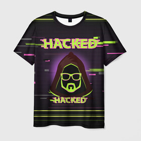 Мужская футболка 3D с принтом Hacked в Санкт-Петербурге, 100% полиэфир | прямой крой, круглый вырез горловины, длина до линии бедер | cybepunk | hacked | hacker | it | аноним | анонимус | взлом | взломщик | киберпанк | программист | хак | хакер