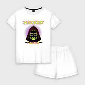 Женская пижама с шортиками хлопок с принтом Hacked в Санкт-Петербурге, 100% хлопок | футболка прямого кроя, шорты свободные с широкой мягкой резинкой | cybepunk | hacked | hacker | it | аноним | анонимус | взлом | взломщик | киберпанк | программист | хак | хакер
