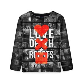Детский лонгслив 3D с принтом LOVE DEATH ROBOTS (LDR) в Санкт-Петербурге, 100% полиэстер | длинные рукава, круглый вырез горловины, полуприлегающий силуэт
 | death | fantastic | future | ldr | love | love death and robots | love death robots | netflix | robots | sci fi | будущее | лдр | любовь | нетфликс | роботы | фантастика