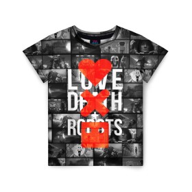 Детская футболка 3D с принтом LOVE DEATH ROBOTS (LDR) в Санкт-Петербурге, 100% гипоаллергенный полиэфир | прямой крой, круглый вырез горловины, длина до линии бедер, чуть спущенное плечо, ткань немного тянется | death | fantastic | future | ldr | love | love death and robots | love death robots | netflix | robots | sci fi | будущее | лдр | любовь | нетфликс | роботы | фантастика