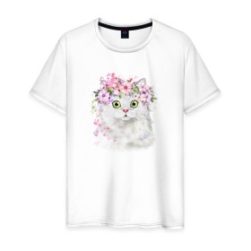 Мужская футболка хлопок с принтом Котик В Цветах в Санкт-Петербурге, 100% хлопок | прямой крой, круглый вырез горловины, длина до линии бедер, слегка спущенное плечо. | кот | котик | котик в цветах | рисунок | цветы