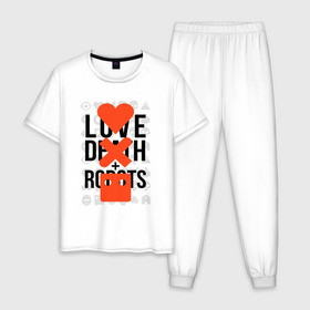 Мужская пижама хлопок с принтом LOVE DEATH ROBOTS (LDR) в Санкт-Петербурге, 100% хлопок | брюки и футболка прямого кроя, без карманов, на брюках мягкая резинка на поясе и по низу штанин
 | Тематика изображения на принте: death | fantastic | future | ldr | love | love death and robots | love death robots | netflix | robots | sci fi | будущее | лдр | любовь | нетфликс | роботы | фантастика
