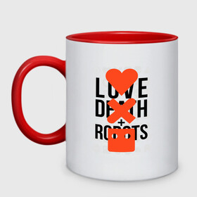 Кружка двухцветная с принтом LOVE DEATH ROBOTS (LDR) в Санкт-Петербурге, керамика | объем — 330 мл, диаметр — 80 мм. Цветная ручка и кайма сверху, в некоторых цветах — вся внутренняя часть | death | fantastic | future | ldr | love | love death and robots | love death robots | netflix | robots | sci fi | будущее | лдр | любовь | нетфликс | роботы | фантастика