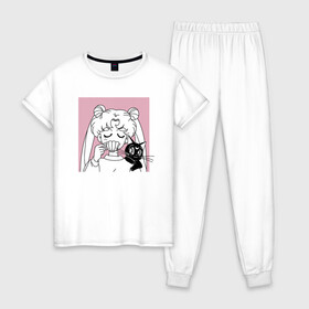 Женская пижама хлопок с принтом Sailor Moon Usagi Tsukino в Санкт-Петербурге, 100% хлопок | брюки и футболка прямого кроя, без карманов, на брюках мягкая резинка на поясе и по низу штанин | anime | bunny | kawaii | luna | manga | sailor moon | sailors | usagi tsukino | аниме | луна | манга | сейлор мун | усаги цукино