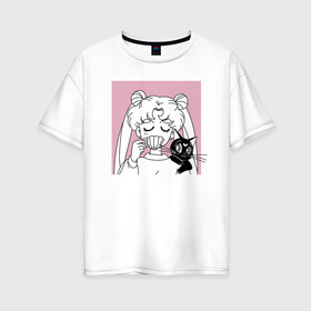 Женская футболка хлопок Oversize с принтом Sailor Moon Usagi Tsukino в Санкт-Петербурге, 100% хлопок | свободный крой, круглый ворот, спущенный рукав, длина до линии бедер
 | anime | bunny | kawaii | luna | manga | sailor moon | sailors | usagi tsukino | аниме | луна | манга | сейлор мун | усаги цукино
