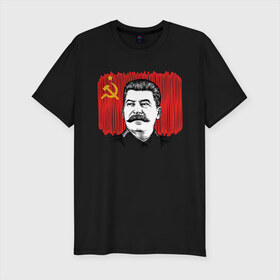 Мужская футболка хлопок Slim с принтом Сталин и флаг СССР в Санкт-Петербурге, 92% хлопок, 8% лайкра | приталенный силуэт, круглый вырез ворота, длина до линии бедра, короткий рукав | джугашвили | иосиф | капитал | капитализм | коба | коммунизм | коммунист | маркс | победа | ретро | родина | серп и молот | советский союз | социализм | социалист | ссср | сталин | страна | флаг