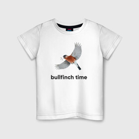 Детская футболка хлопок с принтом Bullfinch time в Санкт-Петербурге, 100% хлопок | круглый вырез горловины, полуприлегающий силуэт, длина до линии бедер | Тематика изображения на принте: bird | bullfinch | wings | летать | полет | птица | снегирь