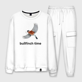 Мужской костюм хлопок с принтом Bullfinch time в Санкт-Петербурге, 100% хлопок | на свитшоте круглая горловина, мягкая резинка по низу. Брюки заужены к низу, на них два вида карманов: два “обычных” по бокам и два объемных, с клапанами, расположенные ниже линии бедра. Брюки с мягкой трикотажной резинкой на поясе и по низу штанин. В поясе для дополнительного комфорта — широкие завязки | bird | bullfinch | wings | летать | полет | птица | снегирь