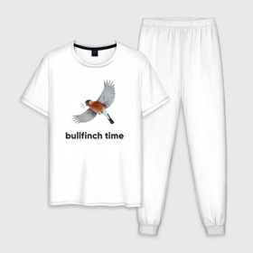 Мужская пижама хлопок с принтом Bullfinch time в Санкт-Петербурге, 100% хлопок | брюки и футболка прямого кроя, без карманов, на брюках мягкая резинка на поясе и по низу штанин
 | Тематика изображения на принте: bird | bullfinch | wings | летать | полет | птица | снегирь