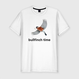 Мужская футболка хлопок Slim с принтом Bullfinch time в Санкт-Петербурге, 92% хлопок, 8% лайкра | приталенный силуэт, круглый вырез ворота, длина до линии бедра, короткий рукав | Тематика изображения на принте: bird | bullfinch | wings | летать | полет | птица | снегирь