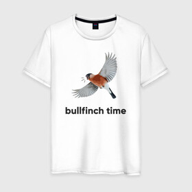 Мужская футболка хлопок с принтом Bullfinch time в Санкт-Петербурге, 100% хлопок | прямой крой, круглый вырез горловины, длина до линии бедер, слегка спущенное плечо. | Тематика изображения на принте: bird | bullfinch | wings | летать | полет | птица | снегирь