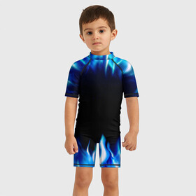 Детский купальный костюм 3D с принтом Синий Огонь в Санкт-Петербурге, Полиэстер 85%, Спандекс 15% | застежка на молнии на спине | абстракция | блеск | волны | дракон | дым | крутой | линии | неон | неоновый | ночь | огненный | огни | огонь | пламя | свет | синий | сияние | яркий