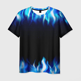 Мужская футболка 3D с принтом Синий Огонь в Санкт-Петербурге, 100% полиэфир | прямой крой, круглый вырез горловины, длина до линии бедер | Тематика изображения на принте: абстракция | блеск | волны | дракон | дым | крутой | линии | неон | неоновый | ночь | огненный | огни | огонь | пламя | свет | синий | сияние | яркий