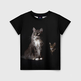 Детская футболка 3D с принтом Котики в Санкт-Петербурге, 100% гипоаллергенный полиэфир | прямой крой, круглый вырез горловины, длина до линии бедер, чуть спущенное плечо, ткань немного тянется | animal | animals | beast | black | cat | kitten | животное | животные | зверек | зверь | кот | котейка | котенок | котики | котэ | кошка | кошки | мейн кун | черная