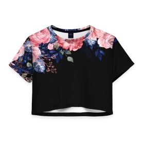 Женская футболка Crop-top 3D с принтом цветы на черном в Санкт-Петербурге, 100% полиэстер | круглая горловина, длина футболки до линии талии, рукава с отворотами | 3d | big picture | красиво | прикольные картинки | цветы