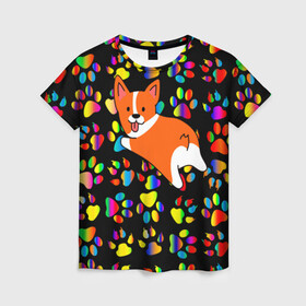 Женская футболка 3D с принтом Корги | Цветные лапки в Санкт-Петербурге, 100% полиэфир ( синтетическое хлопкоподобное полотно) | прямой крой, круглый вырез горловины, длина до линии бедер | corgi | dog | korgi | корги | лапки | лапы | милая | пёс | псы | радуга | собака | собачка | собачки | цвета | цветная | яркая