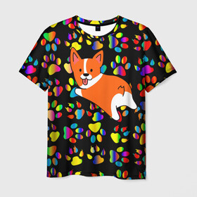 Мужская футболка 3D с принтом Корги | Цветные лапки в Санкт-Петербурге, 100% полиэфир | прямой крой, круглый вырез горловины, длина до линии бедер | corgi | dog | korgi | корги | лапки | лапы | милая | пёс | псы | радуга | собака | собачка | собачки | цвета | цветная | яркая