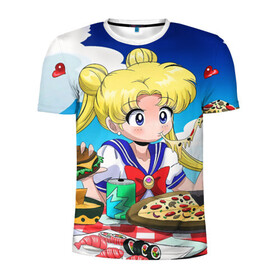 Мужская футболка 3D спортивная с принтом Пицца Мун в Санкт-Петербурге, 100% полиэстер с улучшенными характеристиками | приталенный силуэт, круглая горловина, широкие плечи, сужается к линии бедра | Тематика изображения на принте: anime | food | japan | manga | pizza | sailor moon | аниме | девочка | девушка | еда | лунная призма | манга | пицца | сейлор мун | сэйлор мун | япония