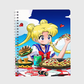 Тетрадь с принтом Пицца Мун в Санкт-Петербурге, 100% бумага | 48 листов, плотность листов — 60 г/м2, плотность картонной обложки — 250 г/м2. Листы скреплены сбоку удобной пружинной спиралью. Уголки страниц и обложки скругленные. Цвет линий — светло-серый
 | Тематика изображения на принте: anime | food | japan | manga | pizza | sailor moon | аниме | девочка | девушка | еда | лунная призма | манга | пицца | сейлор мун | сэйлор мун | япония