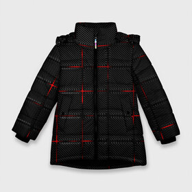 Зимняя куртка для девочек 3D с принтом 3D Плиты Red & Black в Санкт-Петербурге, ткань верха — 100% полиэстер; подклад — 100% полиэстер, утеплитель — 100% полиэстер. | длина ниже бедра, удлиненная спинка, воротник стойка и отстегивающийся капюшон. Есть боковые карманы с листочкой на кнопках, утяжки по низу изделия и внутренний карман на молнии. 

Предусмотрены светоотражающий принт на спинке, радужный светоотражающий элемент на пуллере молнии и на резинке для утяжки. | Тематика изображения на принте: 3d | 3д | 3д полосы | led | led подсветка | красночерный | красный | полосы | свет | свечение | текстуры | черно красный | черный