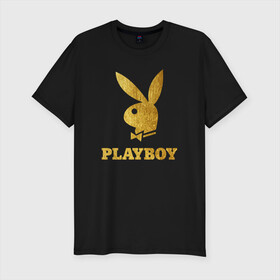 Мужская футболка хлопок Slim с принтом PLAYBOY GOLD в Санкт-Петербурге, 92% хлопок, 8% лайкра | приталенный силуэт, круглый вырез ворота, длина до линии бедра, короткий рукав | brand | brazzers | fake taxi | faketaxi | hub | mode | playboy | бразерс | бренд | мода | фейк такси