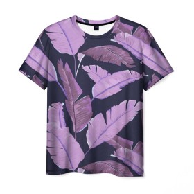 Мужская футболка 3D с принтом Tropical leaves 4 purple в Санкт-Петербурге, 100% полиэфир | прямой крой, круглый вырез горловины, длина до линии бедер | leaves | palms. тропические | tropical | листья | пальмы