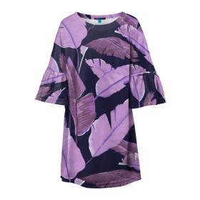 Детское платье 3D с принтом Tropical leaves 4 purple в Санкт-Петербурге, 100% полиэстер | прямой силуэт, чуть расширенный к низу. Круглая горловина, на рукавах — воланы | leaves | palms. тропические | tropical | листья | пальмы