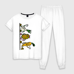 Женская пижама хлопок с принтом овощи в Санкт-Петербурге, 100% хлопок | брюки и футболка прямого кроя, без карманов, на брюках мягкая резинка на поясе и по низу штанин | еда | картошка | корнеплоды | морковь | мультфильм | овощи | прикольные картинки | чеснок