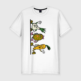 Мужская футболка хлопок Slim с принтом овощи в Санкт-Петербурге, 92% хлопок, 8% лайкра | приталенный силуэт, круглый вырез ворота, длина до линии бедра, короткий рукав | еда | картошка | корнеплоды | морковь | мультфильм | овощи | прикольные картинки | чеснок