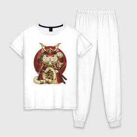 Женская пижама хлопок с принтом Кот Самурай в Санкт-Петербурге, 100% хлопок | брюки и футболка прямого кроя, без карманов, на брюках мягкая резинка на поясе и по низу штанин | cat | japan | ronin | samurai | воин | кот | котик | котэ | няшка | ронин | рыцарь | самурай | шлем | япония