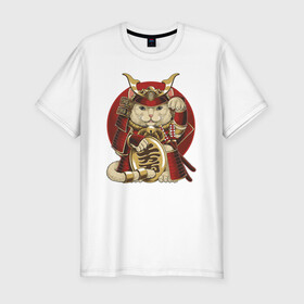 Мужская футболка хлопок Slim с принтом Кот Самурай в Санкт-Петербурге, 92% хлопок, 8% лайкра | приталенный силуэт, круглый вырез ворота, длина до линии бедра, короткий рукав | cat | japan | ronin | samurai | воин | кот | котик | котэ | няшка | ронин | рыцарь | самурай | шлем | япония