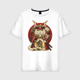 Женская футболка хлопок Oversize с принтом Кот Самурай в Санкт-Петербурге, 100% хлопок | свободный крой, круглый ворот, спущенный рукав, длина до линии бедер
 | cat | japan | ronin | samurai | воин | кот | котик | котэ | няшка | ронин | рыцарь | самурай | шлем | япония