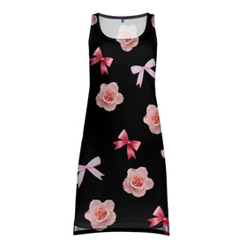 Платье-майка 3D с принтом Бантики и розочки в Санкт-Петербурге, 100% полиэстер | полуприлегающий силуэт, широкие бретели, круглый вырез горловины, удлиненный подол сзади. | doodling | textures | tiles | атлас | бант | дудлинг | лента | роза | розовый | тайлы | текстуры | фон | цветок