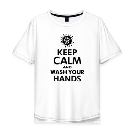 Мужская футболка хлопок Oversize с принтом Keep calm and wash your hands в Санкт-Петербурге, 100% хлопок | свободный крой, круглый ворот, “спинка” длиннее передней части | Тематика изображения на принте: 2019   ncov | coronavirus | covid | covid 19 | ncov | virus | арт | биологическая опасность | болезнь | вирус | знак | карантин | корона | коронавирус | короновирус | мем | мой руки | оставайся дома | пандемия | помой руки