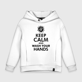 Детское худи Oversize хлопок с принтом Keep calm and wash your hands в Санкт-Петербурге, френч-терри — 70% хлопок, 30% полиэстер. Мягкий теплый начес внутри —100% хлопок | боковые карманы, эластичные манжеты и нижняя кромка, капюшон на магнитной кнопке | Тематика изображения на принте: 2019   ncov | coronavirus | covid | covid 19 | ncov | virus | арт | биологическая опасность | болезнь | вирус | знак | карантин | корона | коронавирус | короновирус | мем | мой руки | оставайся дома | пандемия | помой руки